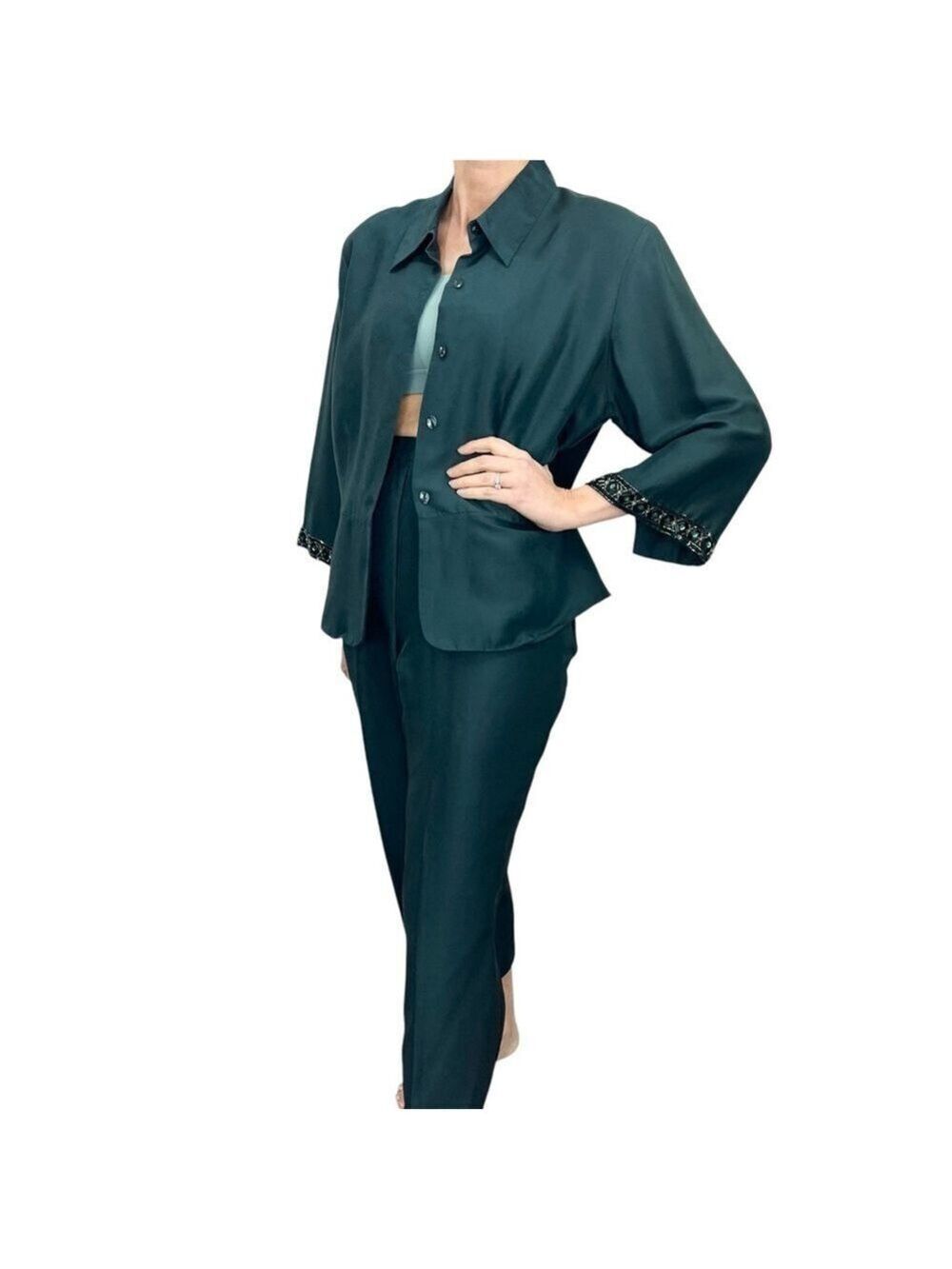 Michel Antoni 100% silk deep teal beaded jacket wide leg trouser suit set 14W